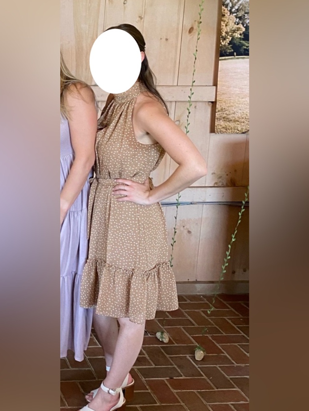 Just...Taylor Taupe Polka Dot Sleeveless Midi Dress with Ruffle Hem